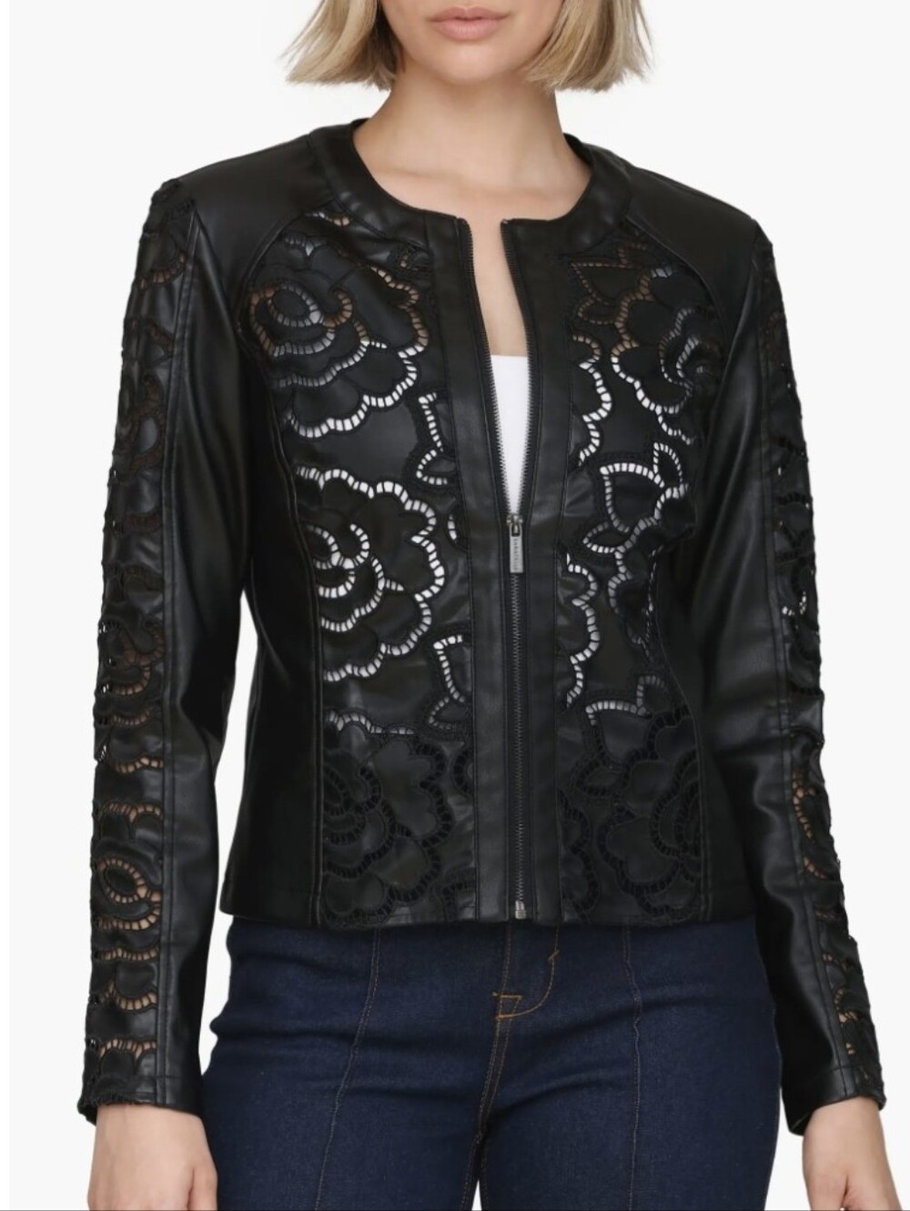 Bagatelle Floral Ladder Faux Leather Black Laser-Cut Floral Jacket! Size IX
